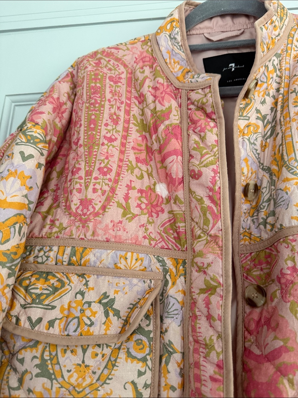 7 For All Mankind Pink and Gold Floral Cropped Quilted Bomber Jacket - Picture 3 of 6